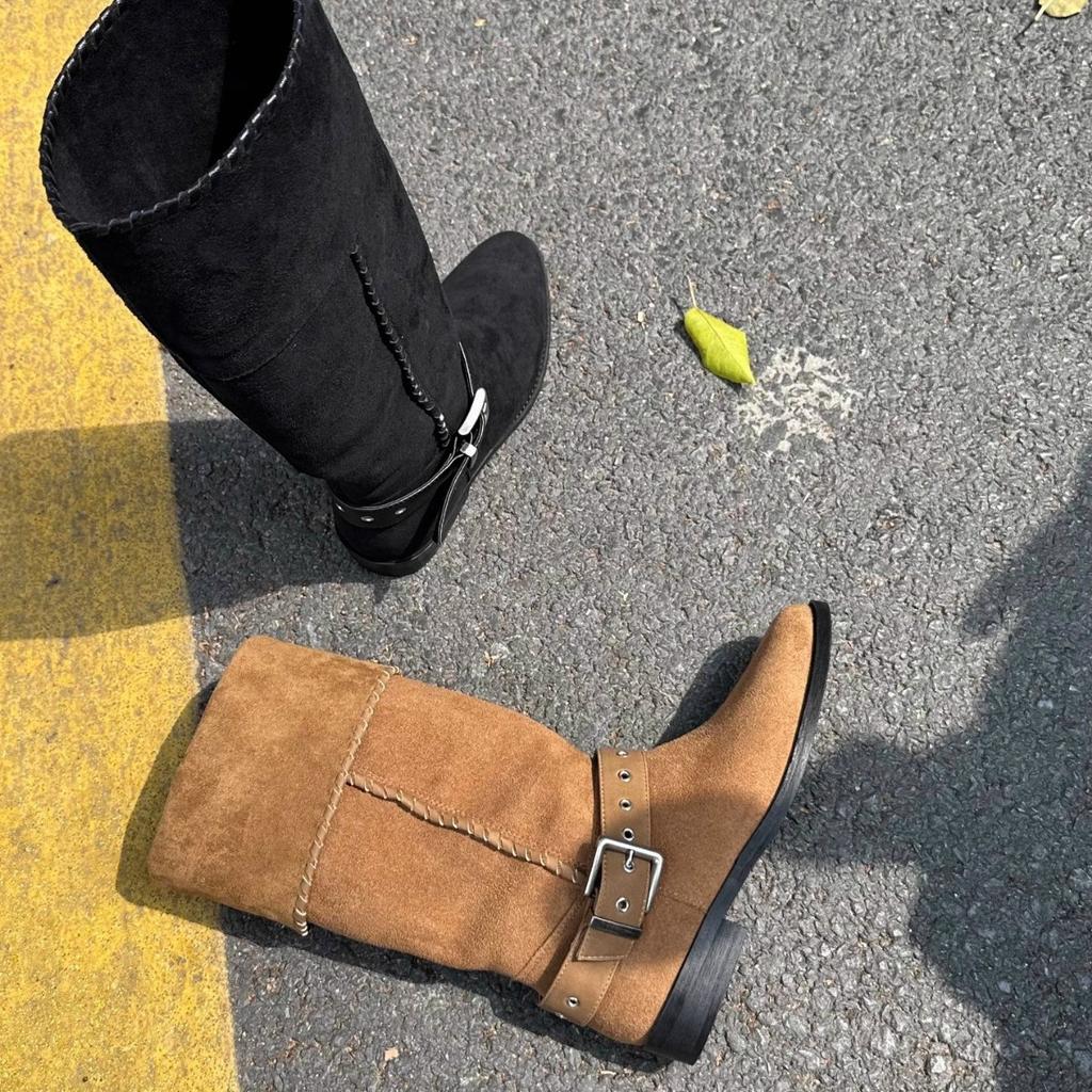 Korean Version Flanged Low Heel Small Round Head Western Boots Female Knight Boots Belt Buckle Long Cowboy Boots High Ballet Boots