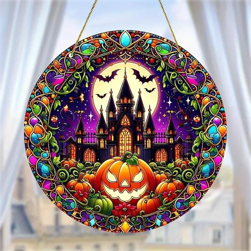 Halloween Themed Castle Pumpkin Spider Skull Pattern Circular Acrylic Pendant For Halloween Decor Castle