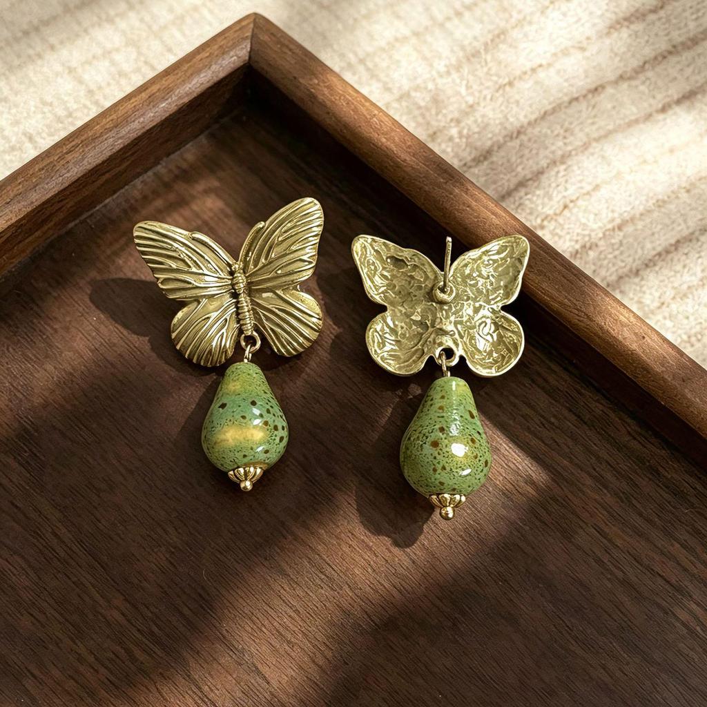 Vintage Retro Distressed Butterfly Stud Earrings - Chinese Style Stone Pendant Jewelry