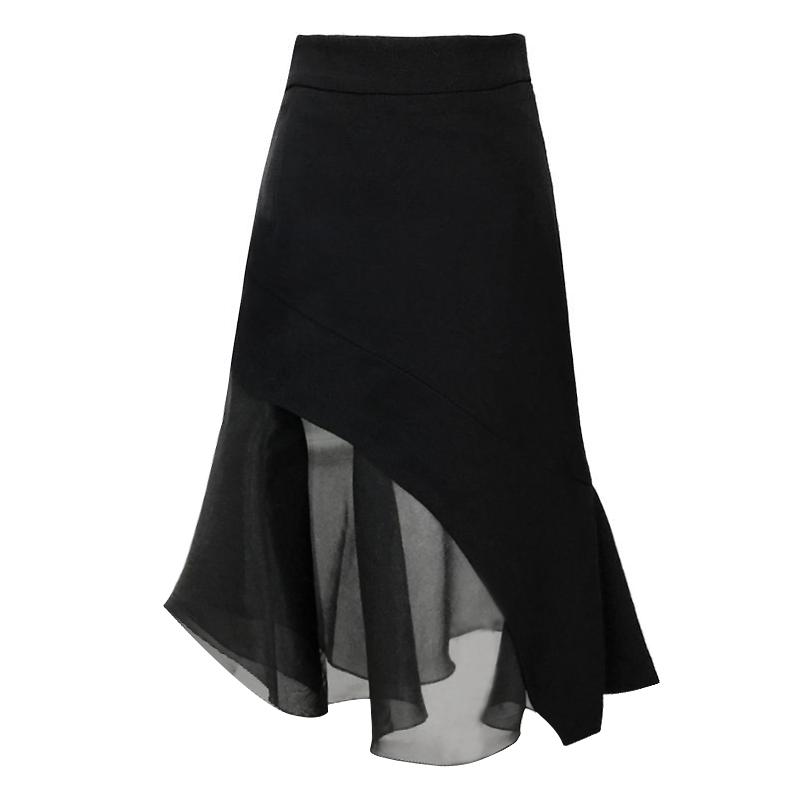 Women Summer Fashion Mesh Patchwork Asymmetrical Elegant Party Mermaid Skirt Female Black White High Waist Slim Chic Midi Skirts