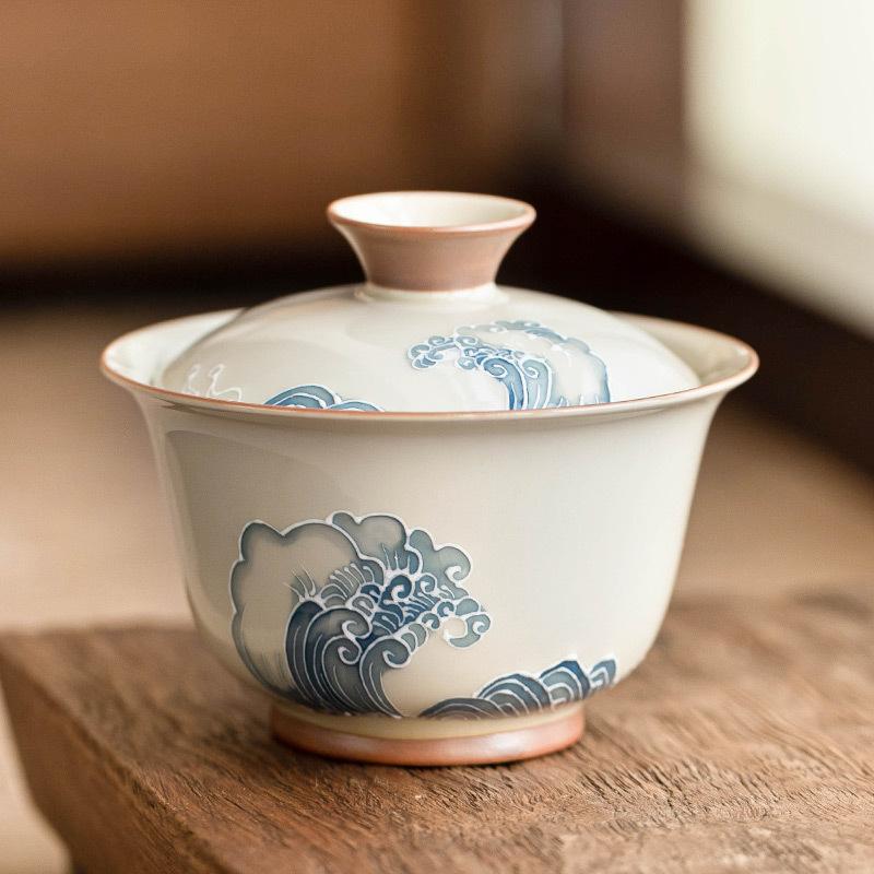 Pile Carved Wave Gaiwan Hand-painted Ceramic Tea Tureen Chinese Kung Fu Tea Brewing Bowl Teaware Master Cup Teacups Gift Box