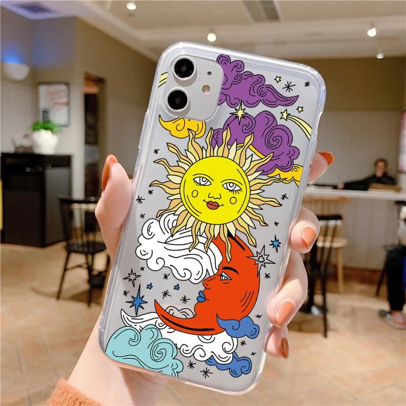 Funny Sun Moon Face Shockproof Phone Case For iPhone 15 14 11 12 13 Pro MAX Mini XS XR SE 14 Plus Fundas Transparent Back Covers