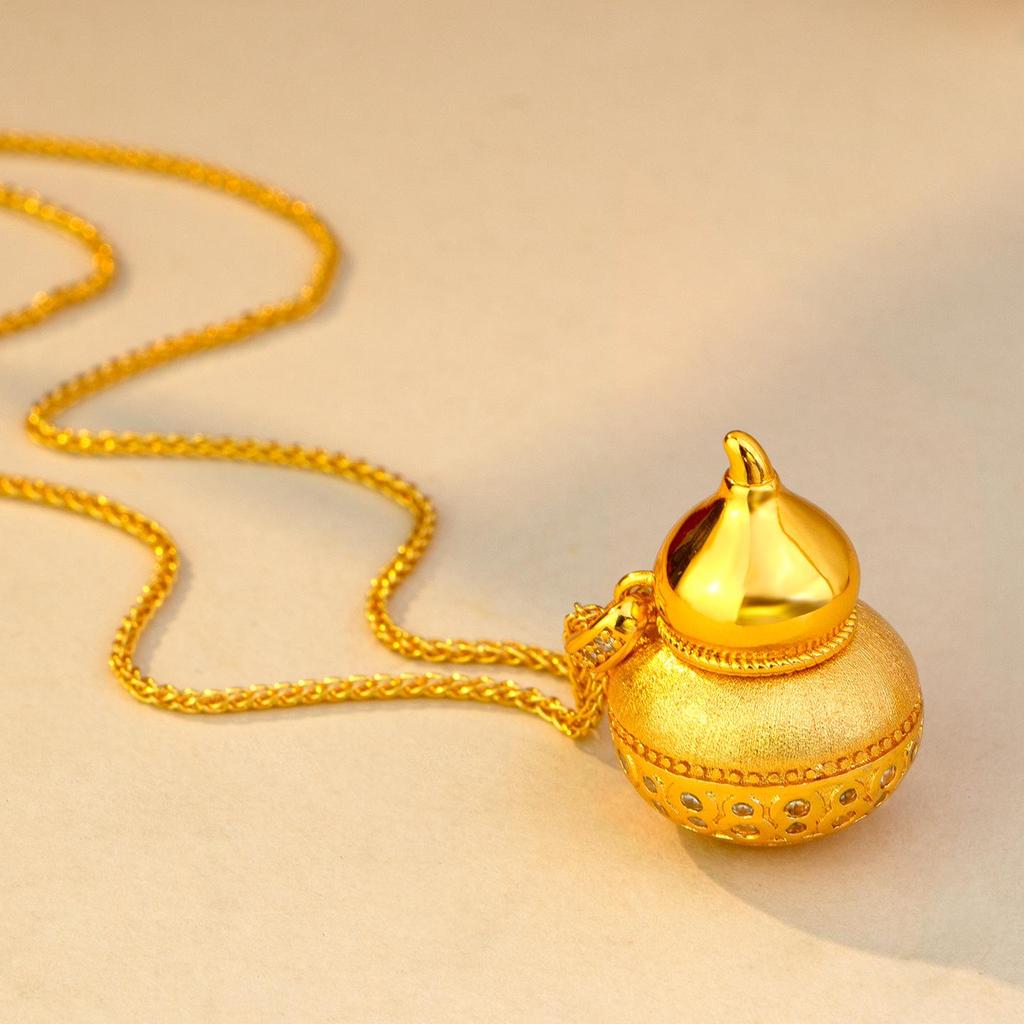 Chinese Style Gold-Toned Diamond Gourd Pendant Necklace for Women