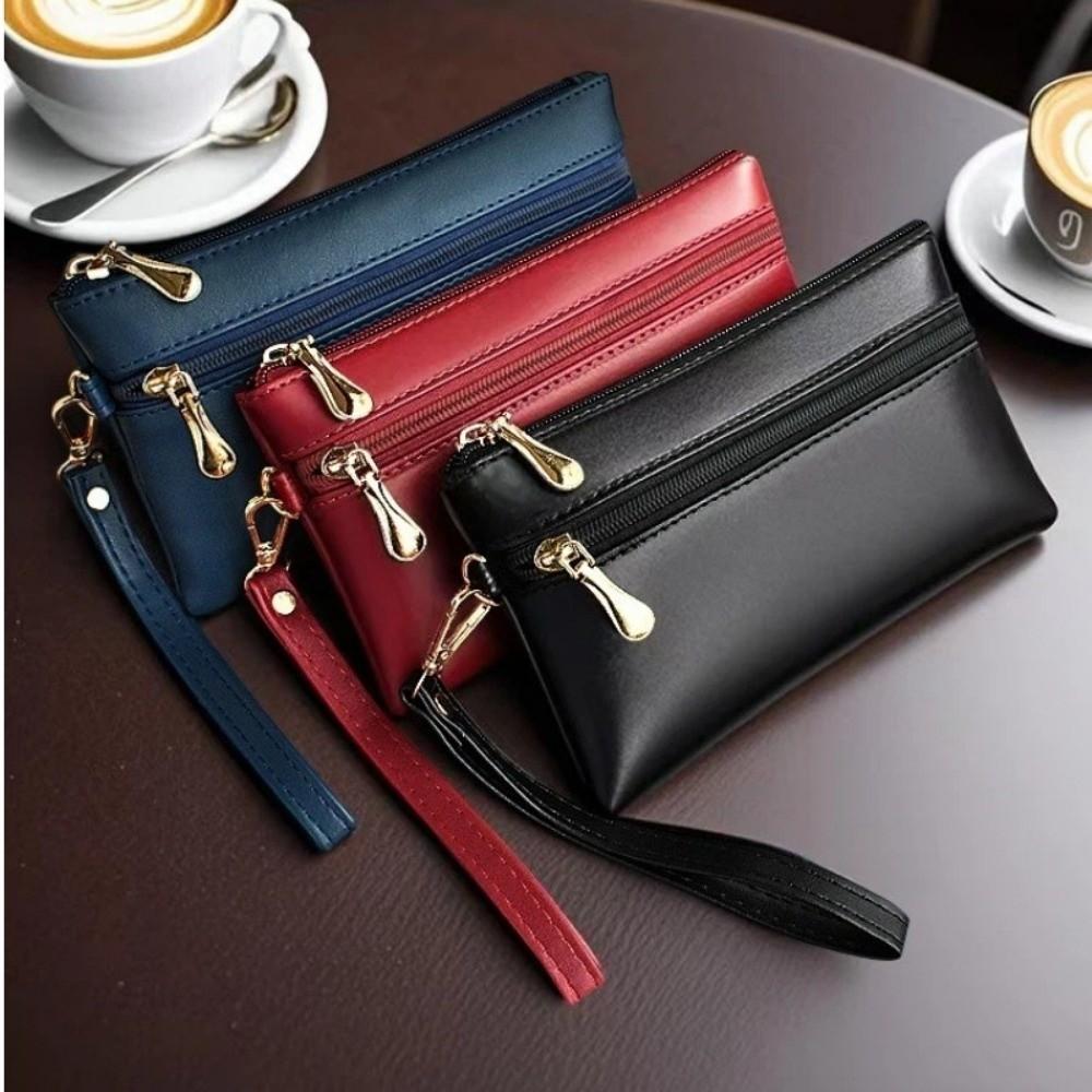 PU Leather Women's Long Wallet Soft Large Capacity Zipper Clutch Purse Multifunctional Wrist Strap Coin Purse Billfold Handbag