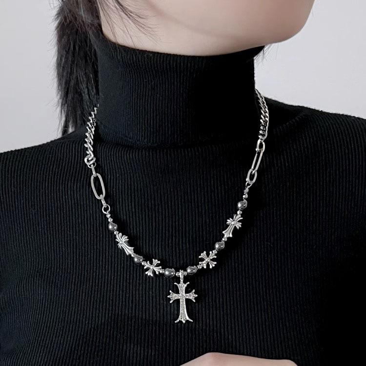 European and American Retro Gothic Style Bead Necklace Cross Necklace Simple Neutral High-end Necklace Pendant Trendy Splicing Necklace