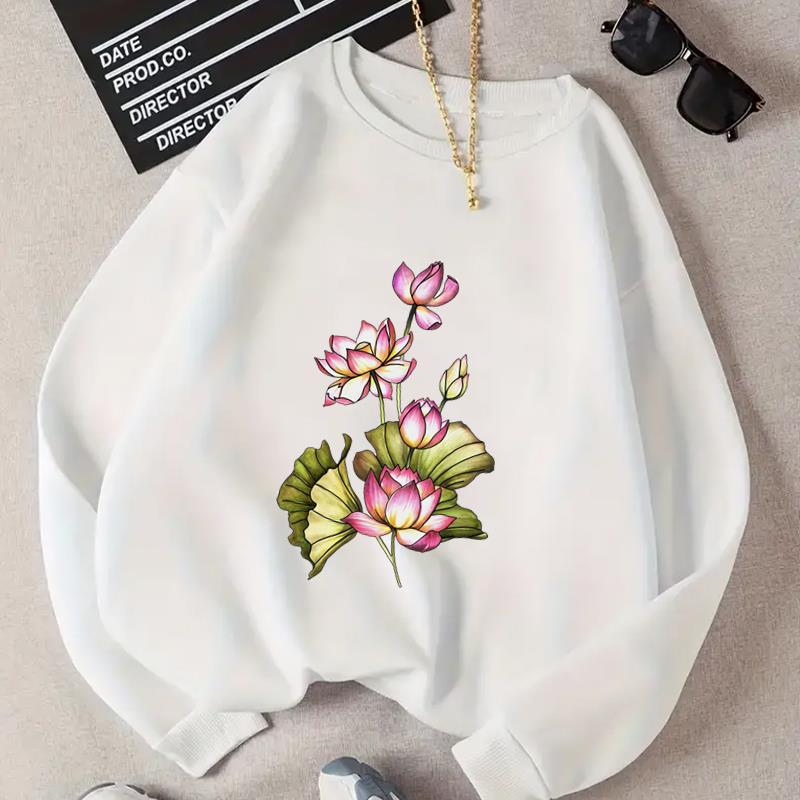 

(Азиатский размер) Женский весенний цветочный стиль, милый милый тренд, осенне-осенний женский принт, зимняя мода, повседневные пуловеры, флисовая одежда, толстовки с графическим рисунком