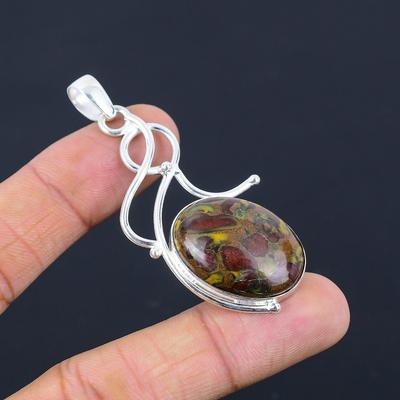 925 Silver Oval Fruit Jasper Stone Handmade Wife Bezel Wedding Elegant Pendant