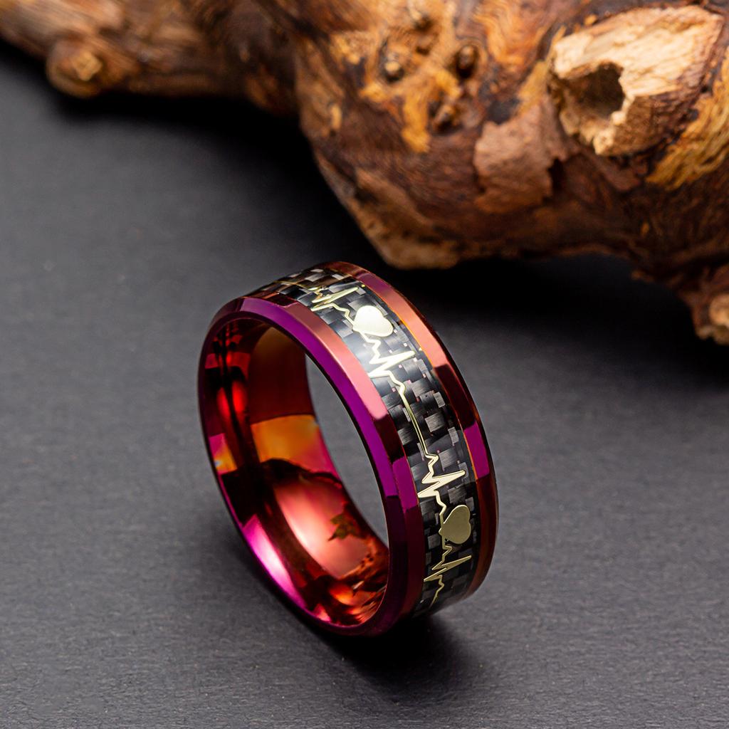 Valentine's Day Jewelry 8mm Inlaid Carbon Fiber Ring Couple ECG Heartbeat Titanium Steel Ring