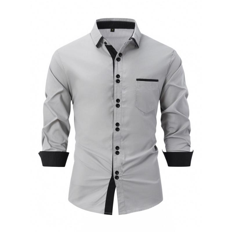 Spring Men's White Button Down Shirt with Black Placket and Cuffs Formal Blouse