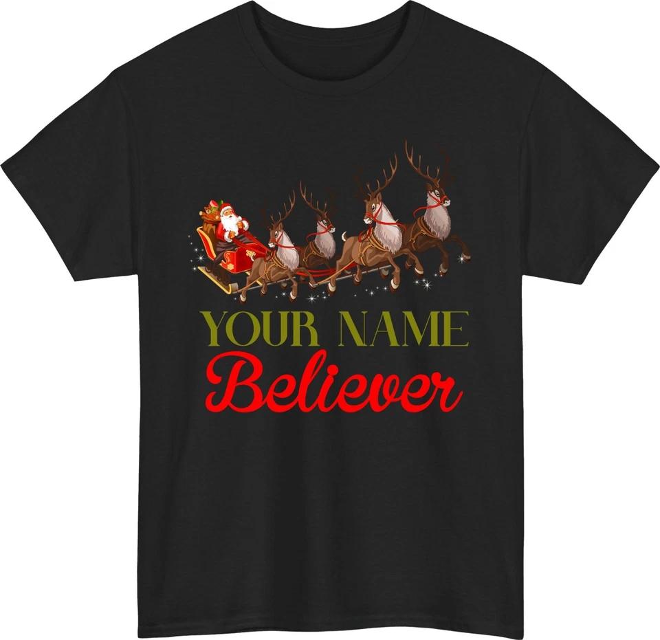 

Personalised Believer Christmas T-Shirt Custom Name Santa Sleigh Reindeer Top 2XL