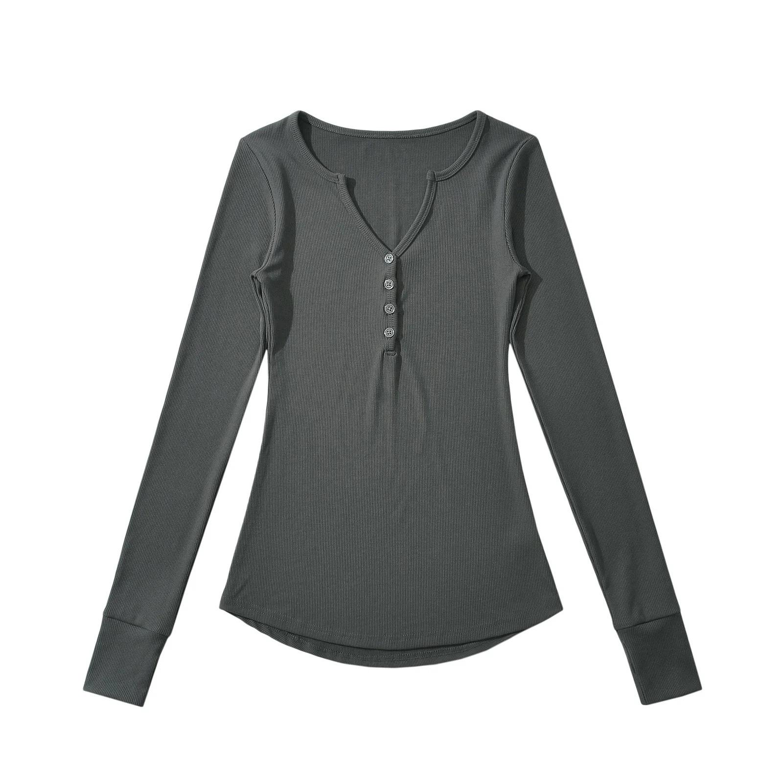 

Европейский и американский стиль, женская одежда ранней осени, новый стиль, глубокий V-образный вырез, длинные рукава, футболка, эластичная основа, обтягивающий топ L темно-серого