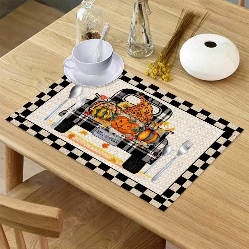 

42x32cm Halloween Plaid Linen Dining Tables Mat Heat Resistant Placemat For Table Drink Cup Coaster Home Kitchen Accessories 42X32cm