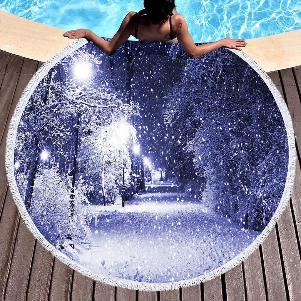 Winter Snow Landscape Round Beach Towel, Microfiber Soft Shawl Beach Blanket, Absorbent Quick Dry Portable Pool Towel Picnic Mat