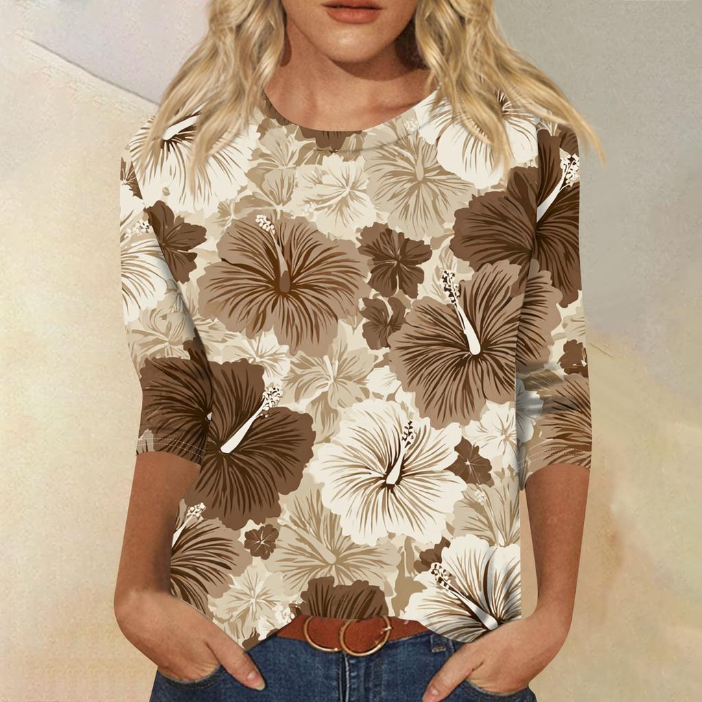 Women's Fashion Casual Round Neck Three-quarter Sleeve Retro Floral Print T-shirt Top
