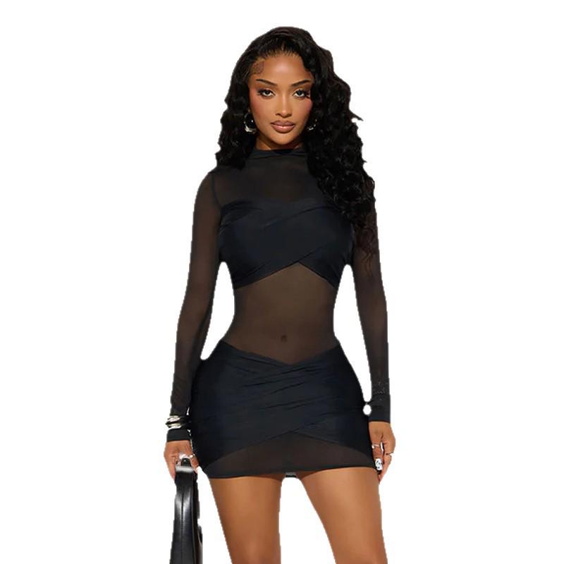 Sexy Round Neck Long Sleeve Mesh Patchwork Dress - Women's Autumn/Winter European & American Style