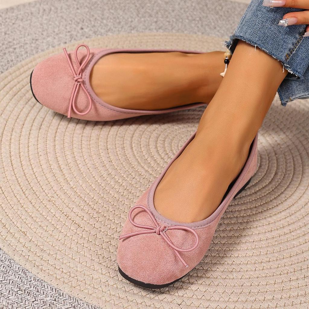 Plus Size Women's Black Suede Ballet Flats with Bow - Soft Sole & Shallow Mouth for Commuting