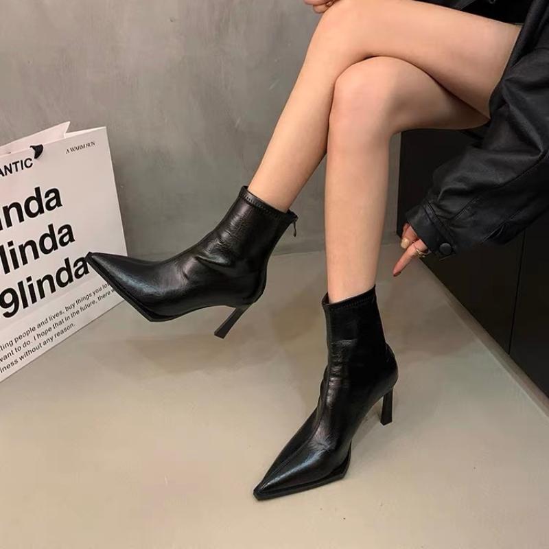 Pointed Toe Ankle Boots Women's Single Boots British Style 2025 Autumn New High Heel Soft Leather Ankle Boots