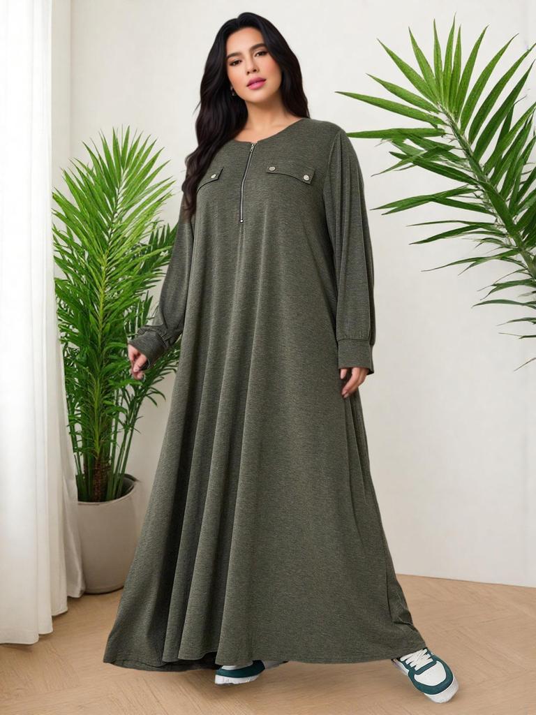 Plus Size Autumn Street Fashion Loose Knit Dress - Solid Color, Round Neck, Long Sleeve