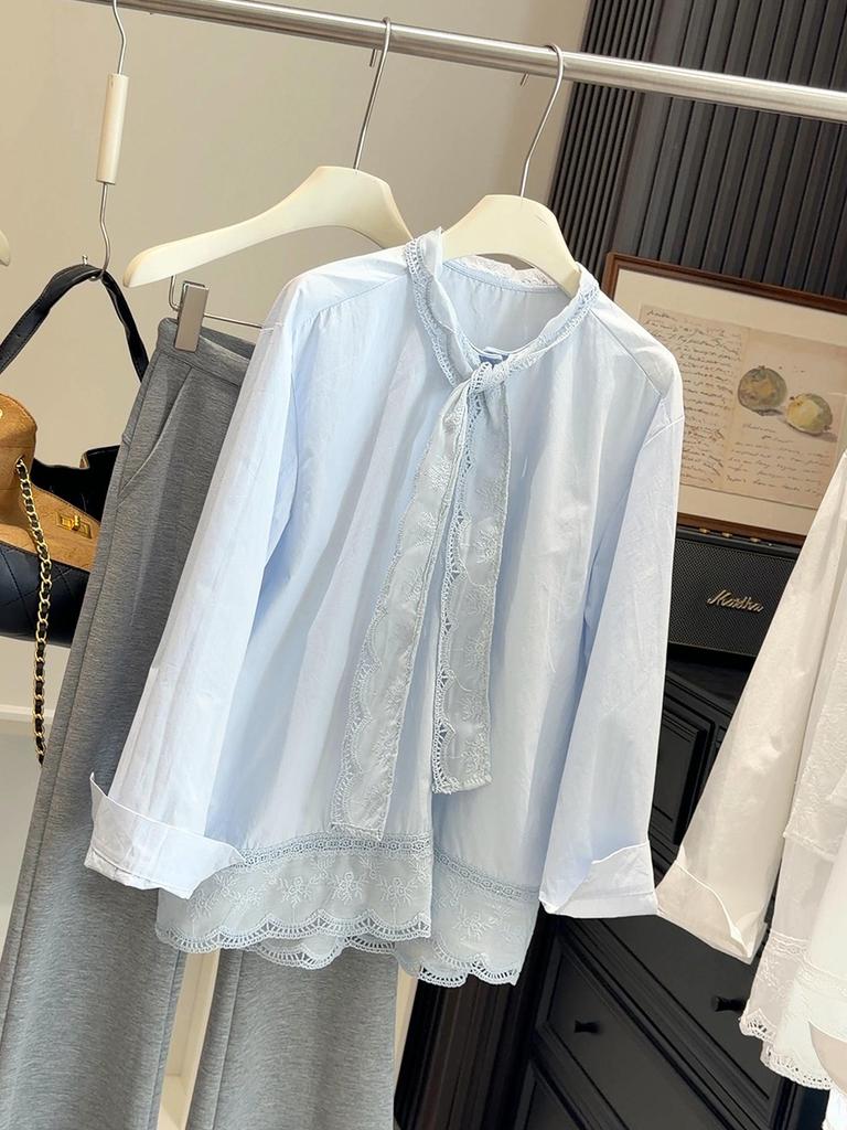 Women's Mid-Length French White Lace Embroidered Tie-up Long-Sleeve Shirt - Spring/Autumn Loose Fit