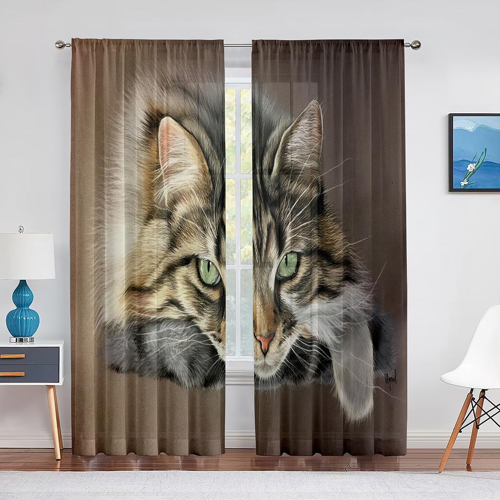 Niedliche Katze Aquarellmalerei Kunst Floral Transparente Voile-Vorhänge für Schlafzimmer Küche Tüll-Fenstervorhänge für Wohnzimmer Vorhänge