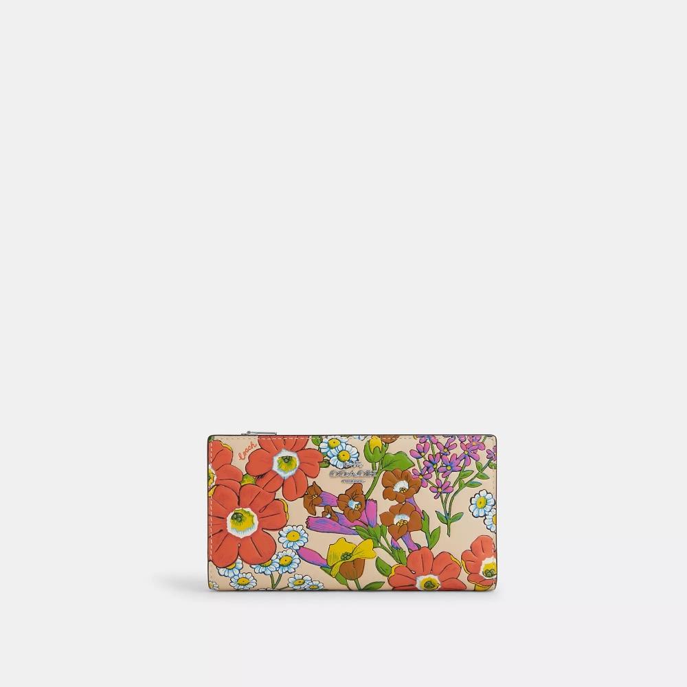 

Тонкий кошелек Coach на молнии с цветочным принтом, серебристый, цвет слоновой кости, разноцветный