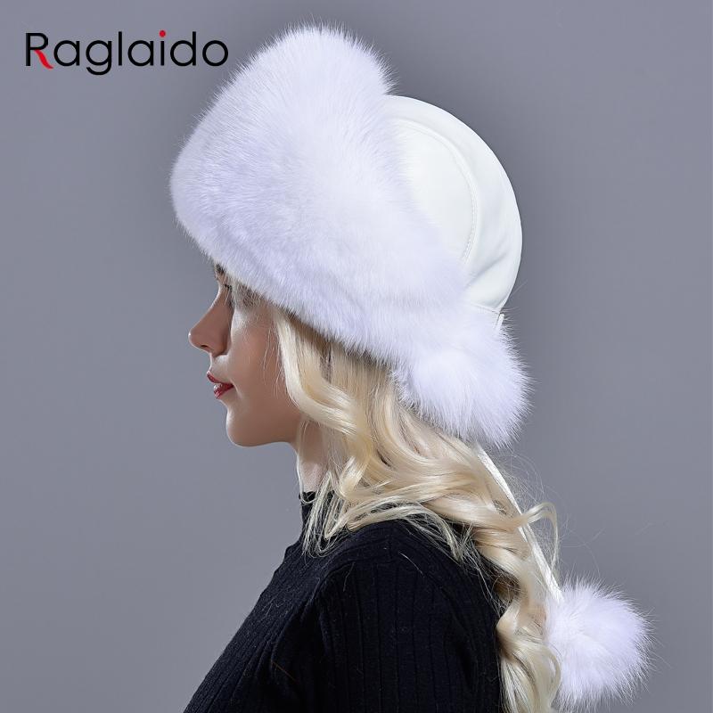 Fox Hats for Women Winter Fashionable Luxury Girls Female Warm Stylish Real Fur Elegant Top Leather Ball Snow Hat