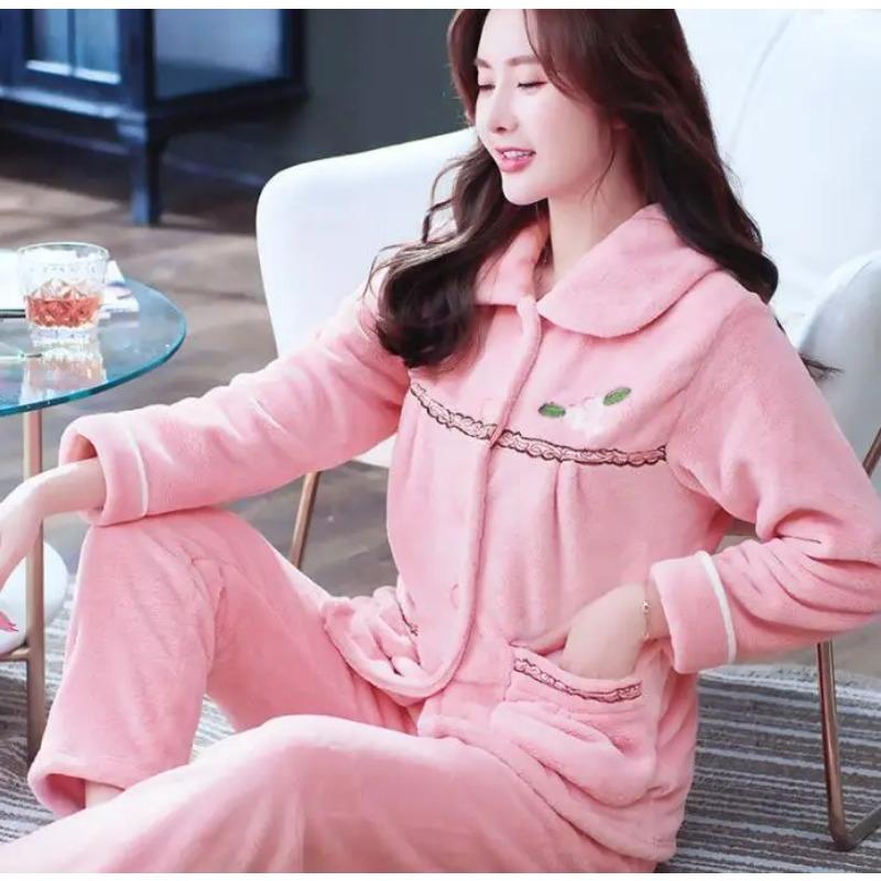 Thick Autumn Winter Warm Flannel Women Pyjamas Sets Long Sleeve Pijama Sleepwear Flannel Women Pajamas Set Home Wear