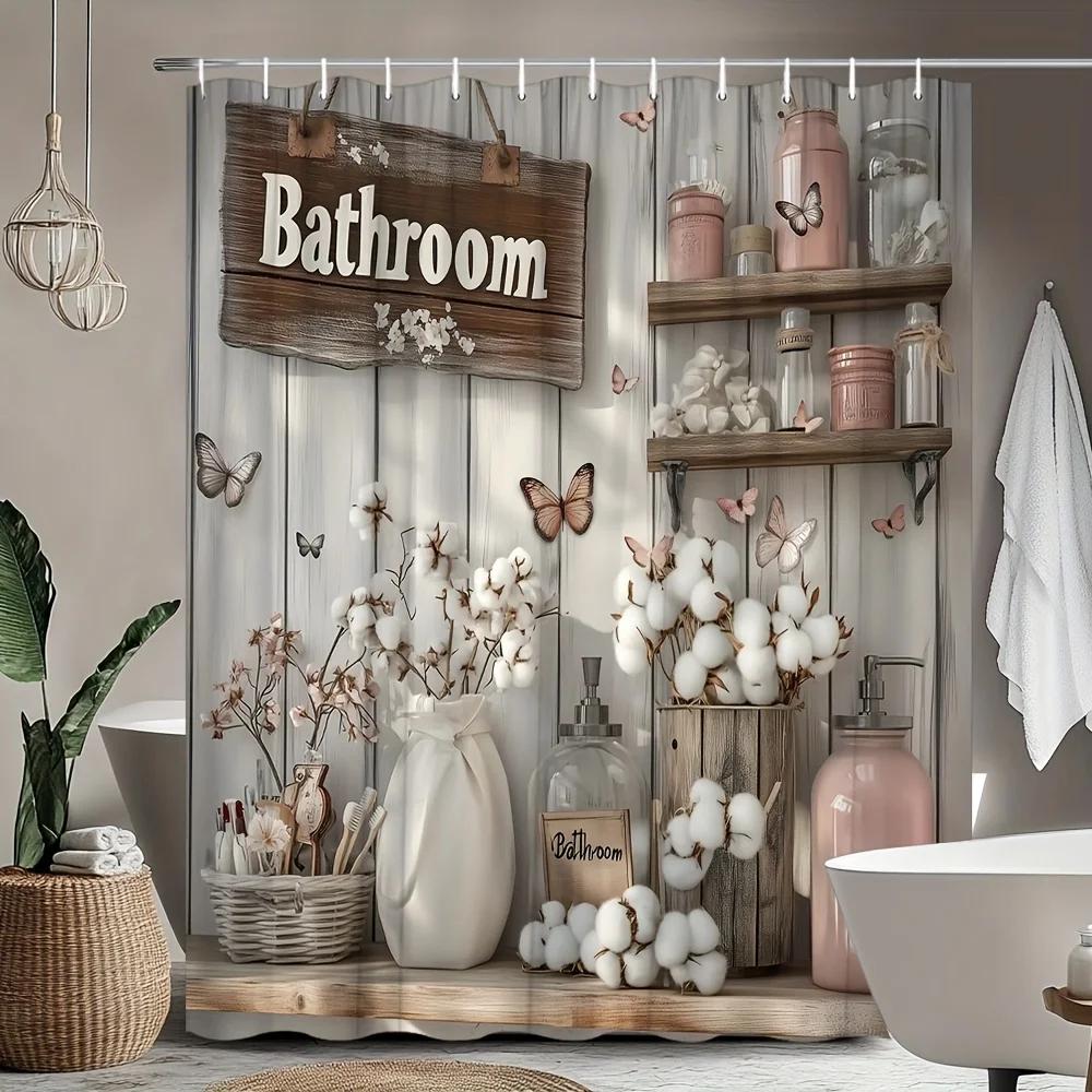 Floral Shower Curtain with Rustic Wooden Panels - Butterfly & Farmhouse Vintage Design, Includes Hooks, for All Bathrooms & Rods