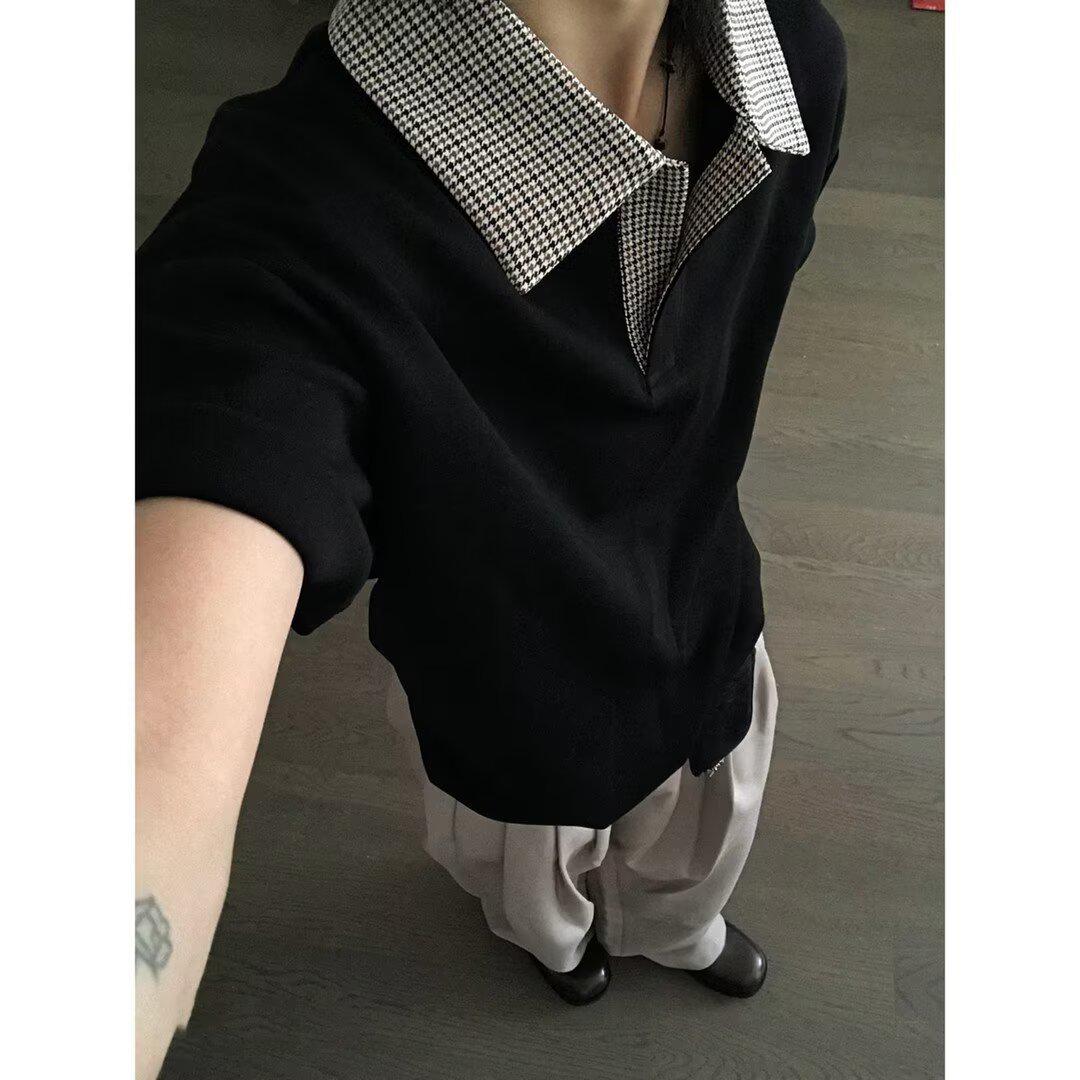 Women s Summer Plaid Polo Collar Splice T-Shirt: Trendy Short Sleeve Niche Design, Stylish Faux Two-Piece Look. Large чёрный