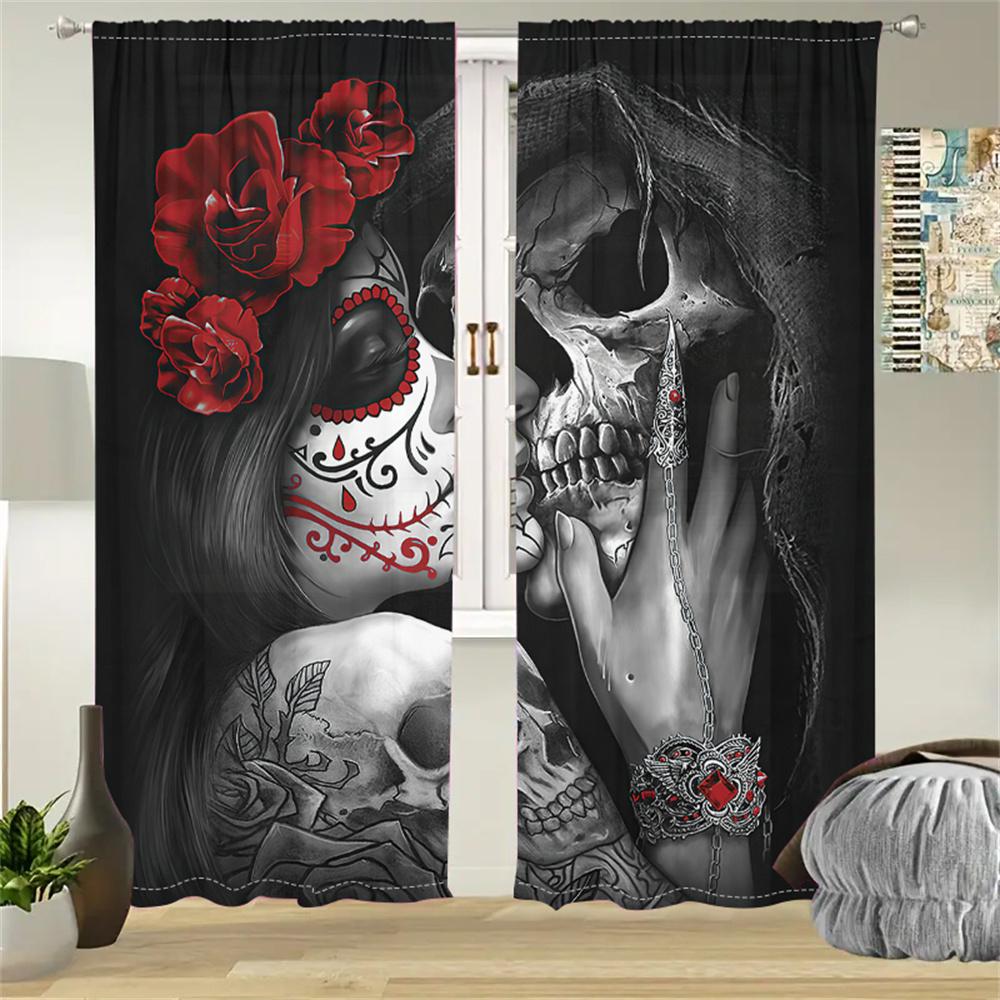 2Pcs Gothic Skull Bride Curtains Black Red Rose Decor Living Room Bedroom Window Decorative Curtains Halloween Theme Curtains