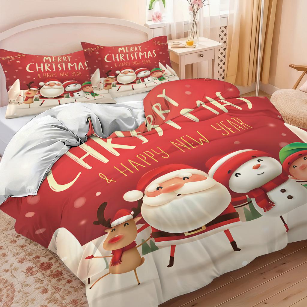 3pcs Cartoon Santa Claus Printed Chipless Bedding Set Bedroom Dormitory Soft Duvet Cover Multiple Sizes Machine Washable