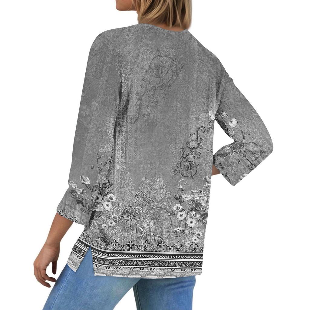 Women's Casual Fashion V-neck Loose Versatile Floral Print Three-quarter Sleeves