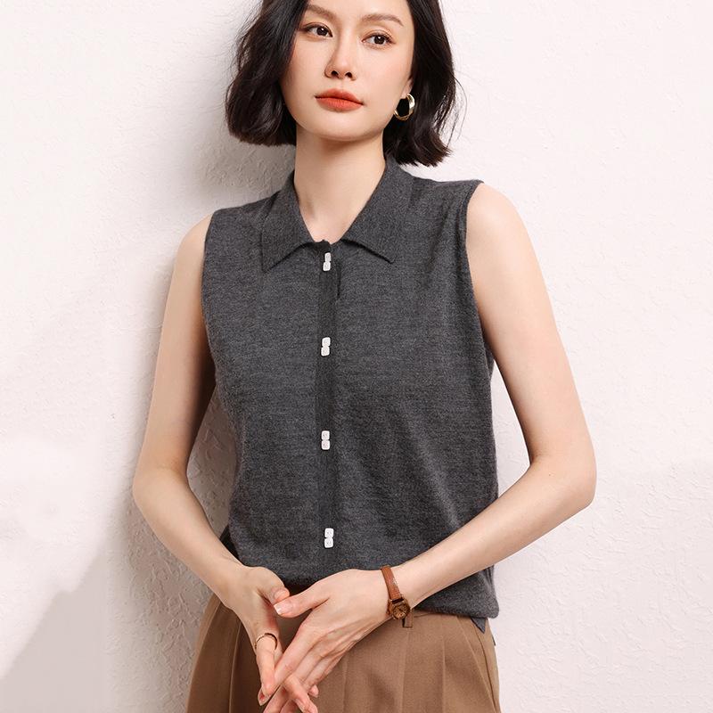 Women's 100% Cashmere Polo Collar Sleeveless Top – Autumn/Winter High-Quality, Solid Color Base Layer Vest for Commuting.