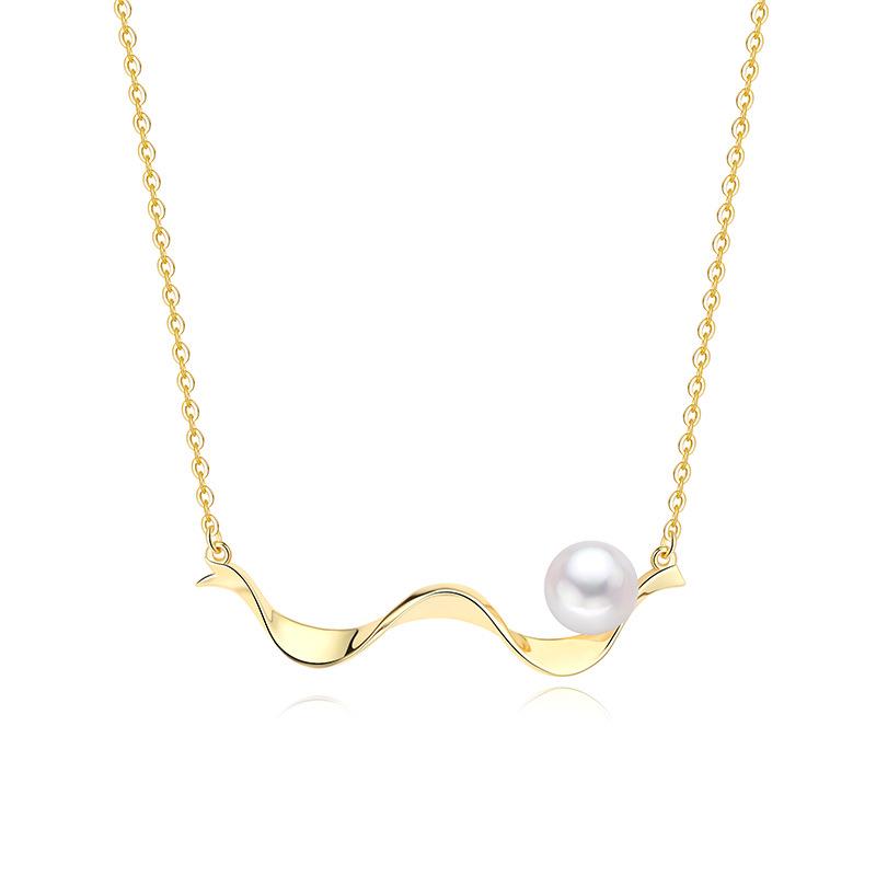 Elegant Ripple Freshwater Pearl Necklace with S925 Sterling Silver Wave Pendant - Simple Clavicle Chain for Women 925 Sterling Silver