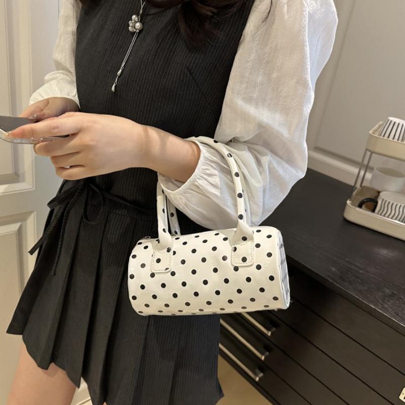 Korean Style Polka Dot Purse Mini Barrel Crossbody Bag for Women Top Handle Handbag for Daily Outings