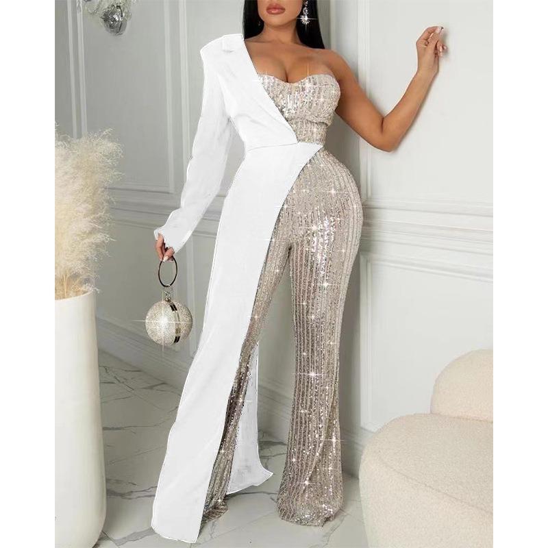 2 New E-commerce Women's Clothing Silver Splicing Sequined Shoulder Fashion Sequined Jumpsuit
