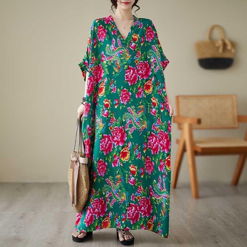 Summer V-neck Cotton Silk Large Size Loose Literary Vacation Style Beach Dresses