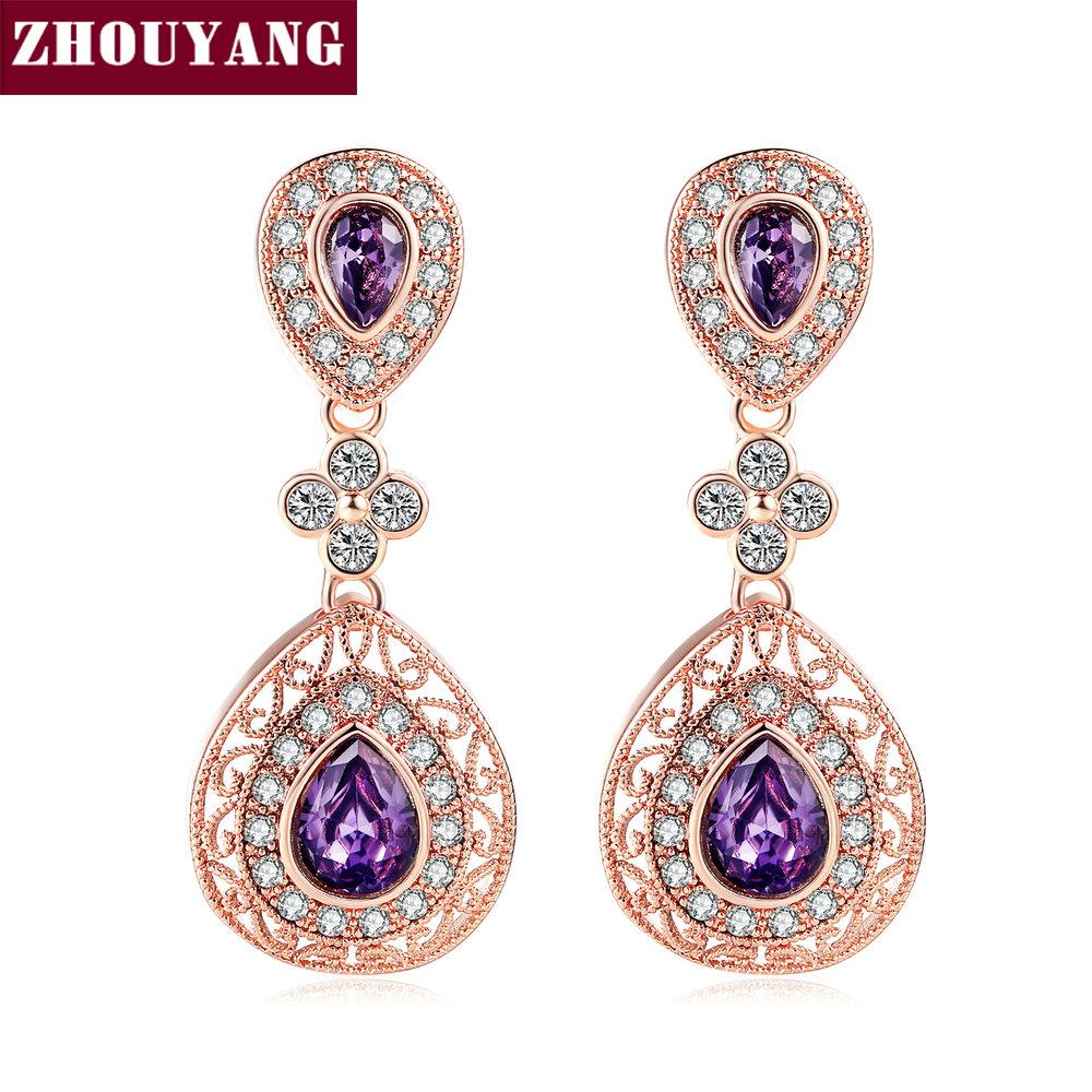 

Vintage Luxury Crystal Waterdrop Drop Earrings For Women Exquisite Hollow Out Purple Rose Gold Color Fashion Ear Jewelry E450