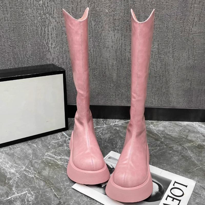 Cizme Sexy din Piele Naturală pentru Femei 2024 Toamnă Nouă Modă Talpă Groasă Rotunde Elegante Cizme de Cavaler Culoare Solidă Casual cu Fermoar