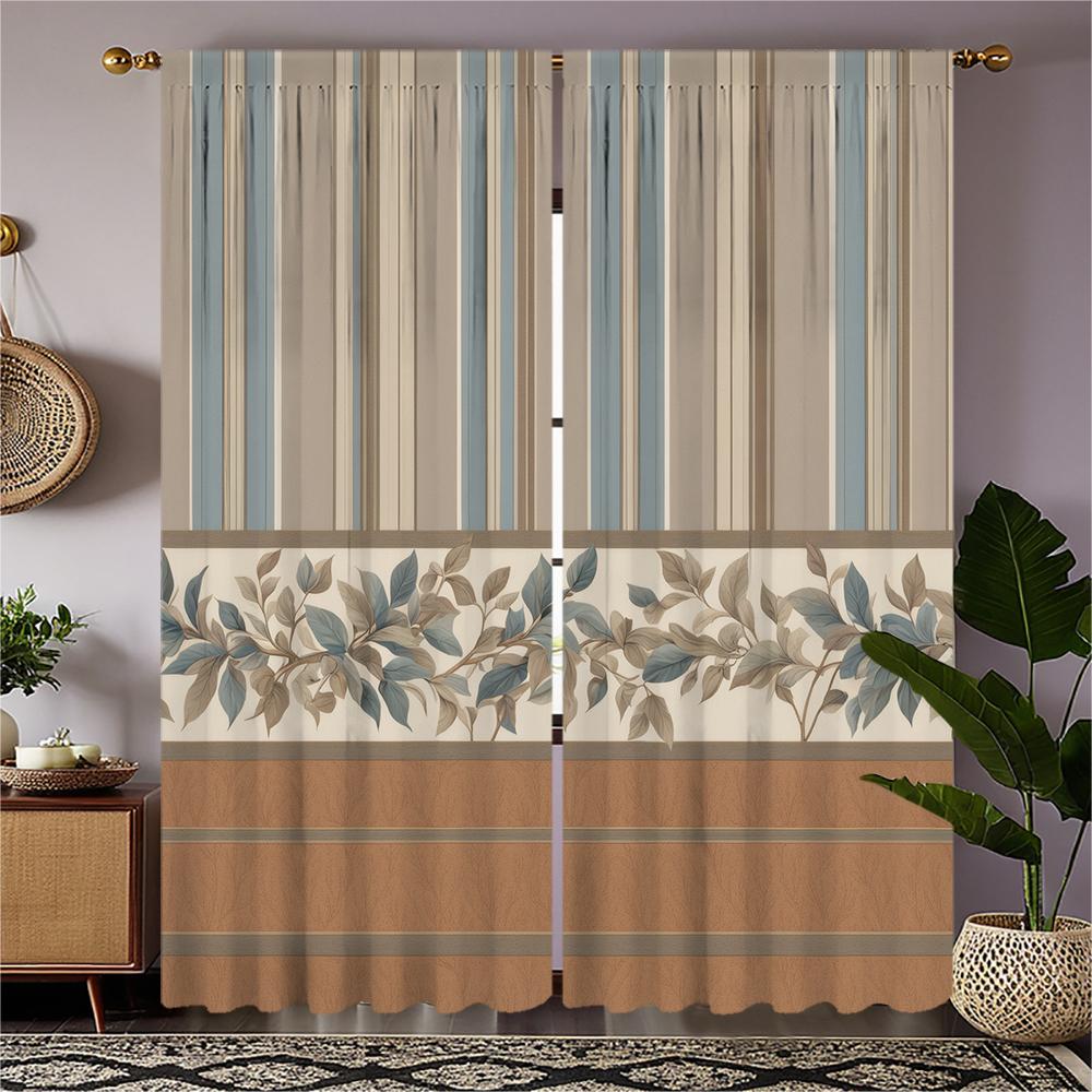 2-piece set of high-definition digital printed curtainStripedFloralPatternedBrownBeigeBlueCurtainPanelHome decoration style 100*130 HOOK 1pcs