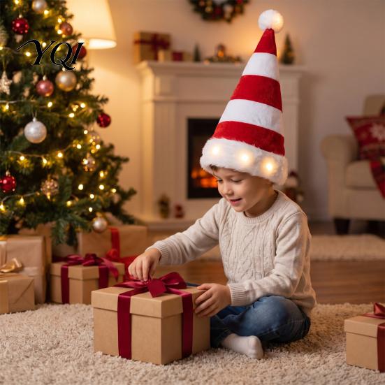 Christmas Hat with Lights Light Up Tree Hat, Striped Plush LED Party Eye Catching Stage Performance Fur Trim, Holiday Cosplay Costume Accessory
