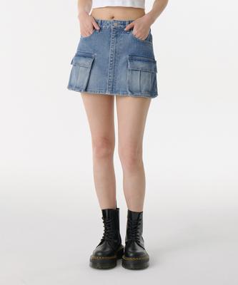 Woman Women'S Front Open Denim Cargo Mini Skirt [Light Indigo]