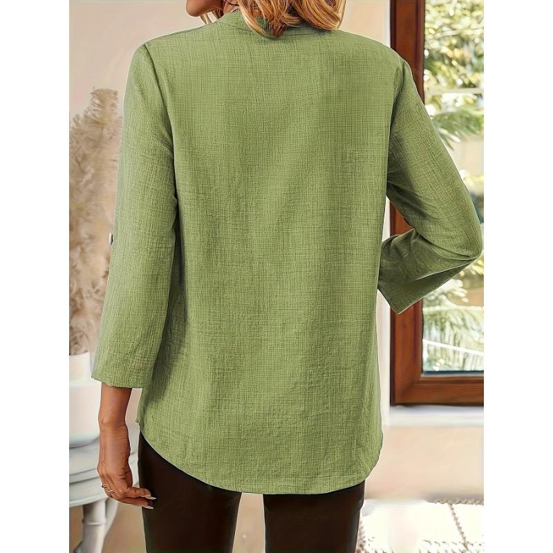 Casual V Neck Large Size Loose Women Blouse Fashion Elegant Tops Pocket Short Sleeve Simple Office Shirts Spring Solid Color Cothing