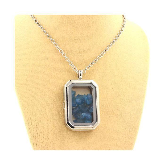 Pierres et Minéraux. Collier Apatite bleu neon brut. Modèle rectangle à pans coupés.