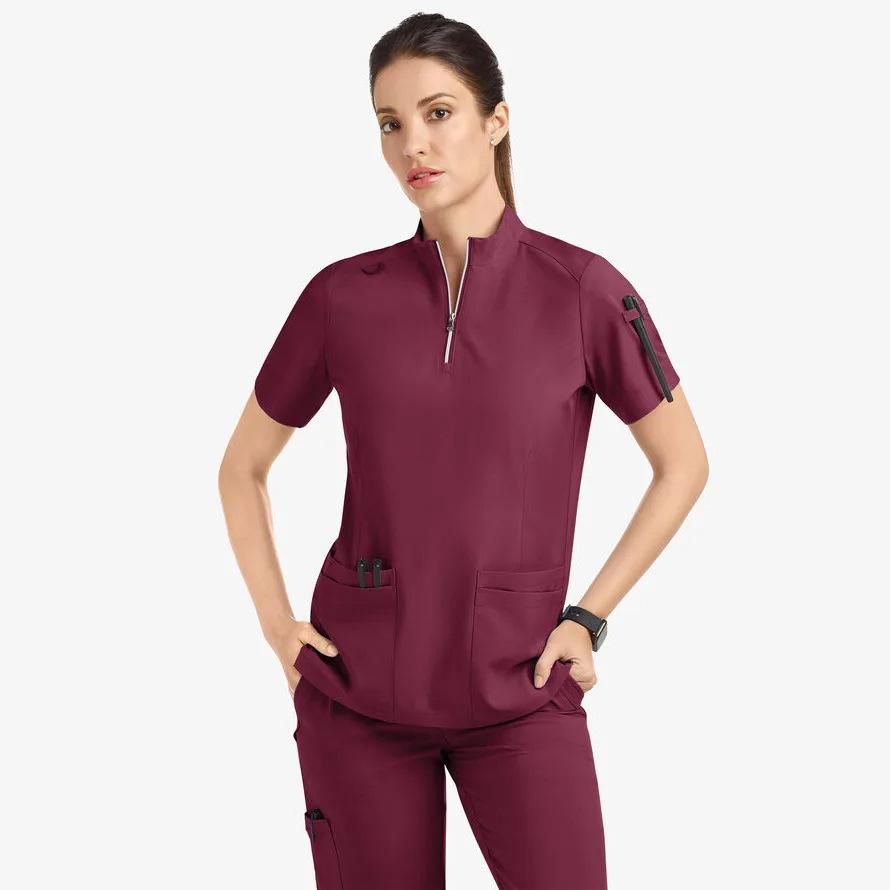 Quick-Dry Short-Sleeve Zipper Gown for Beauty Salon/Hospital Nurses with Casual Stand-Up Collar
