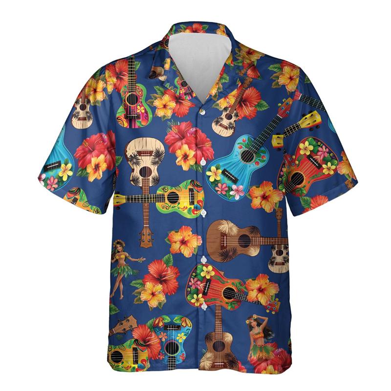 Camicie Grafiche Moda Ukulele da Uomo Abbigliamento Casual Ragazzo Ukelele Camicia da Spiaggia Strumento Uke Hawaiano Cantante Maschile Camicetta con Bavero
