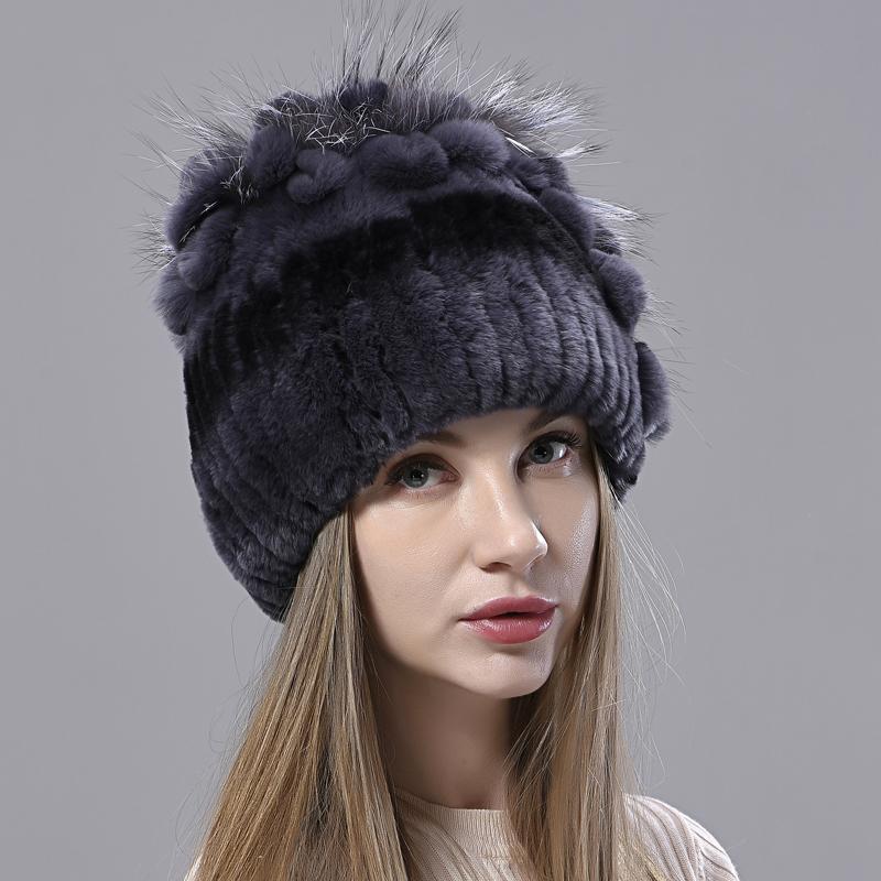 New Luxury Women Fur Hat For Winter Handmade Natural Rex Rabbit Fox Fur Cap Fluffy Female Fur Headgear Brand Warm Beanies Cap