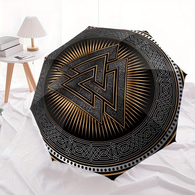 "Golden Triangles: A Symbolic Artwork with Intricate Designs"Umbrella, Portable 3-Fold Compact Umbrella for Men & Women ES53