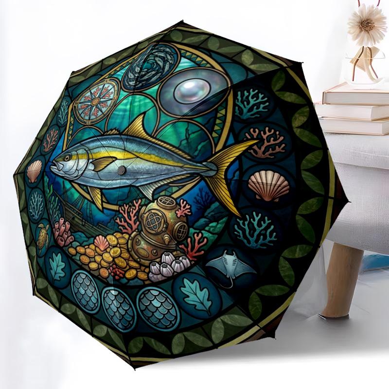 Ocean Life Glass Pattern Umbrella, Portable and Foldable Design, 8 Ribs, a Casual Accessory for Halloween, Christmas, and Birthday Gifts.