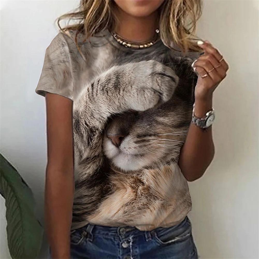 Women's Cat Print T-Shirt, Cute Short-Sleeve Summer Top, Breathable Casual